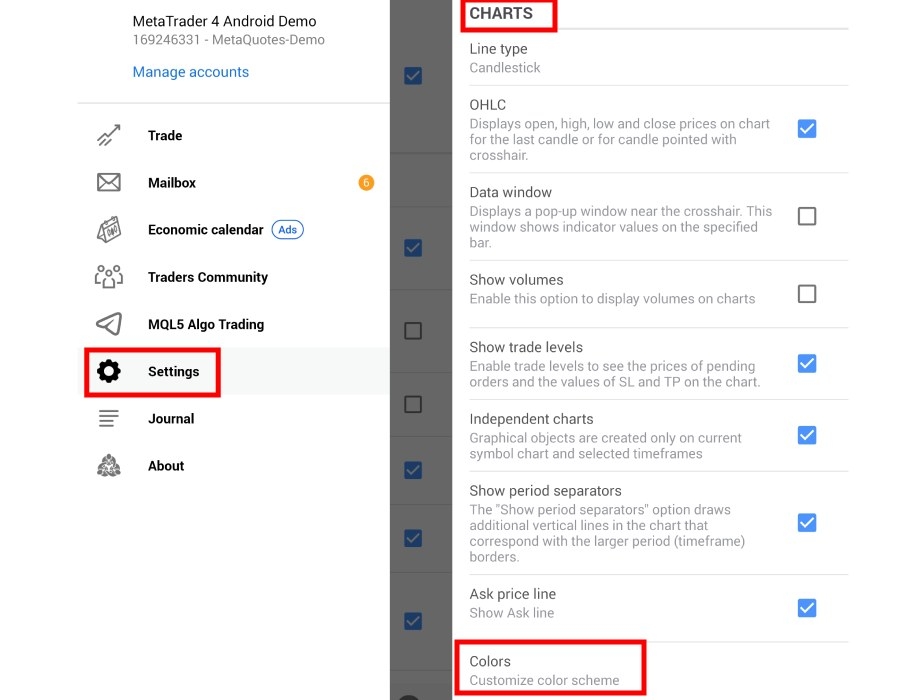 تغییر رنگ چارت در متاتریدر 