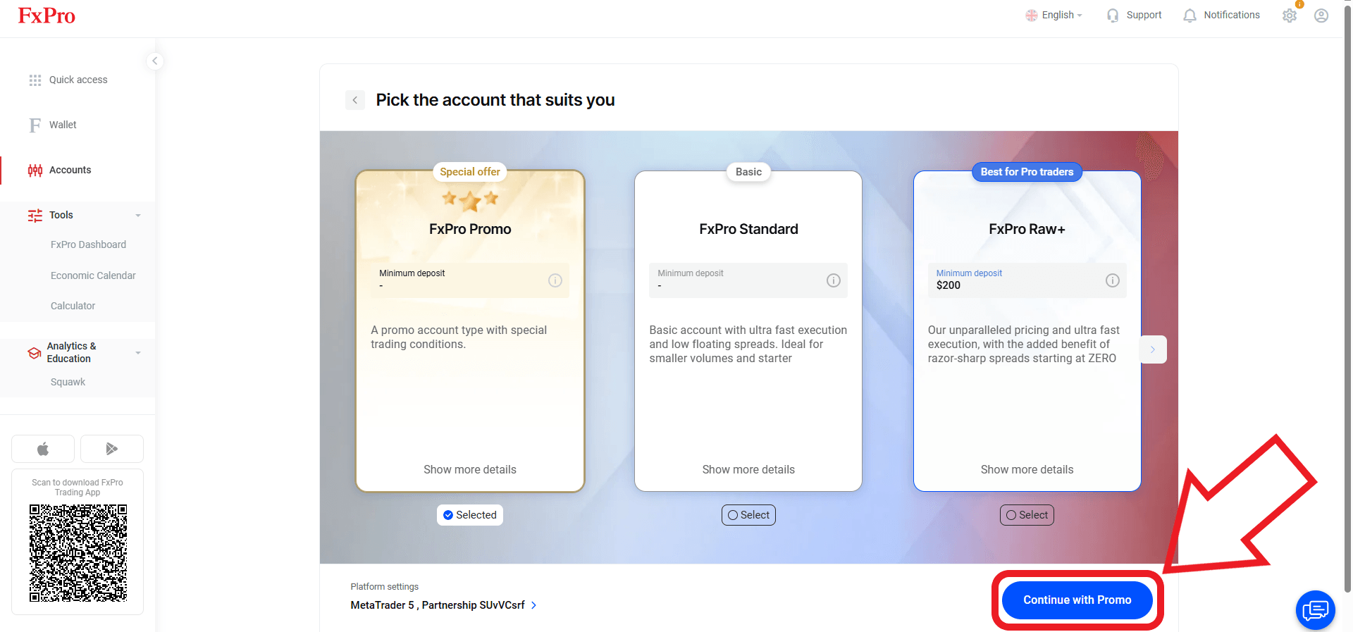 مرحله سوم انتخاب حساب معاملاتی در بروکر  FX Pro