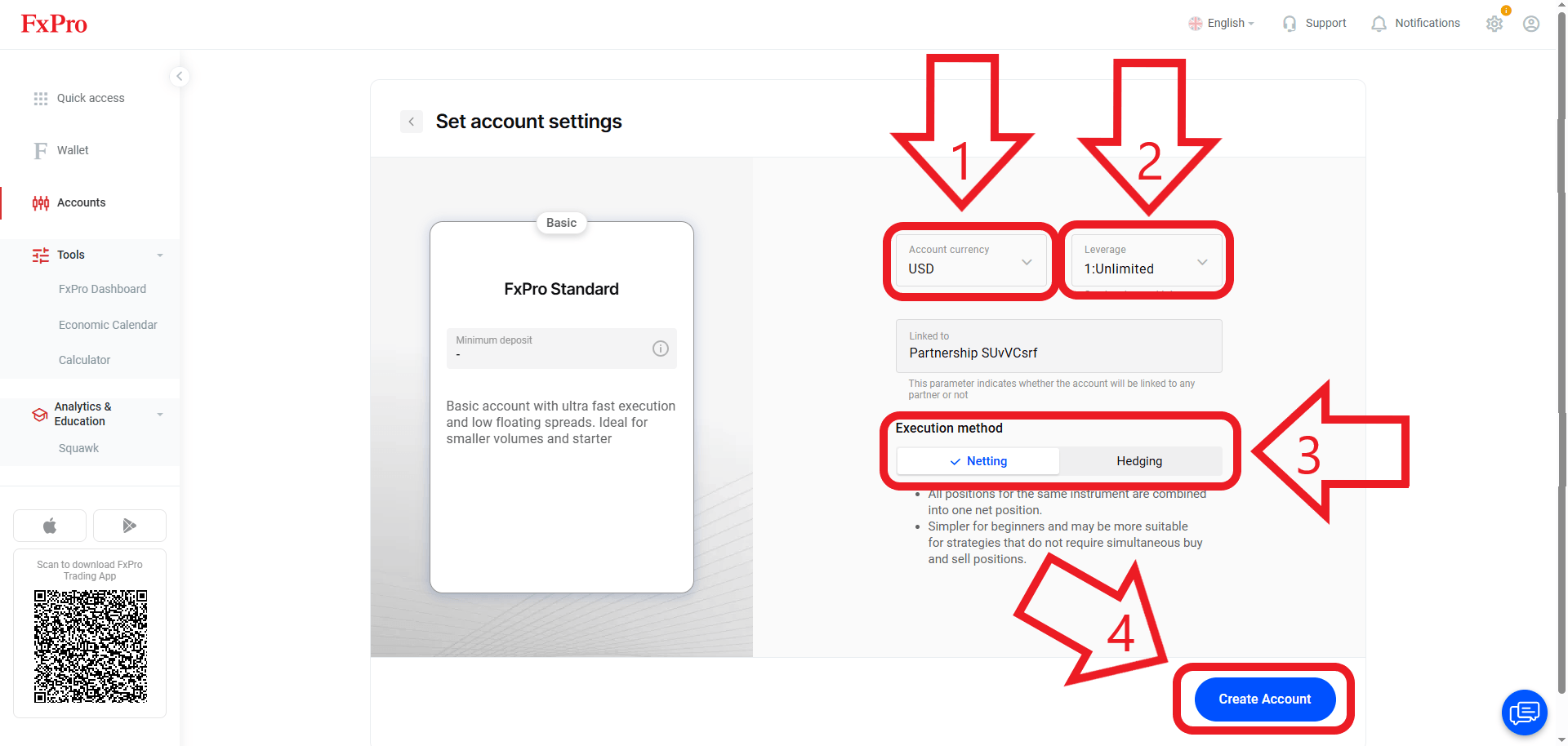 مرحله آخر انتخاب حساب معاملاتی در بروکر  FX Pro
