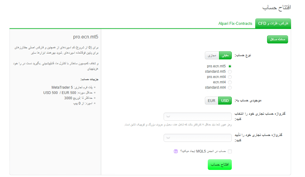 افتتاح حساب پرو ای سی ان آلپاری