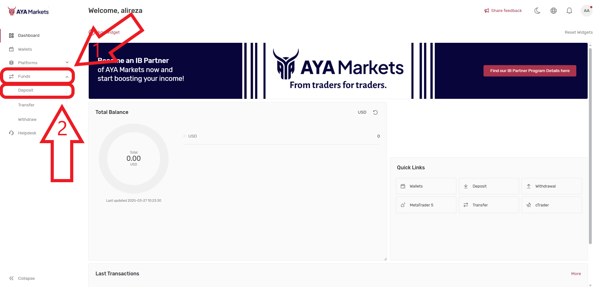 مرحله اول واریز در بروکر AYAMarkets