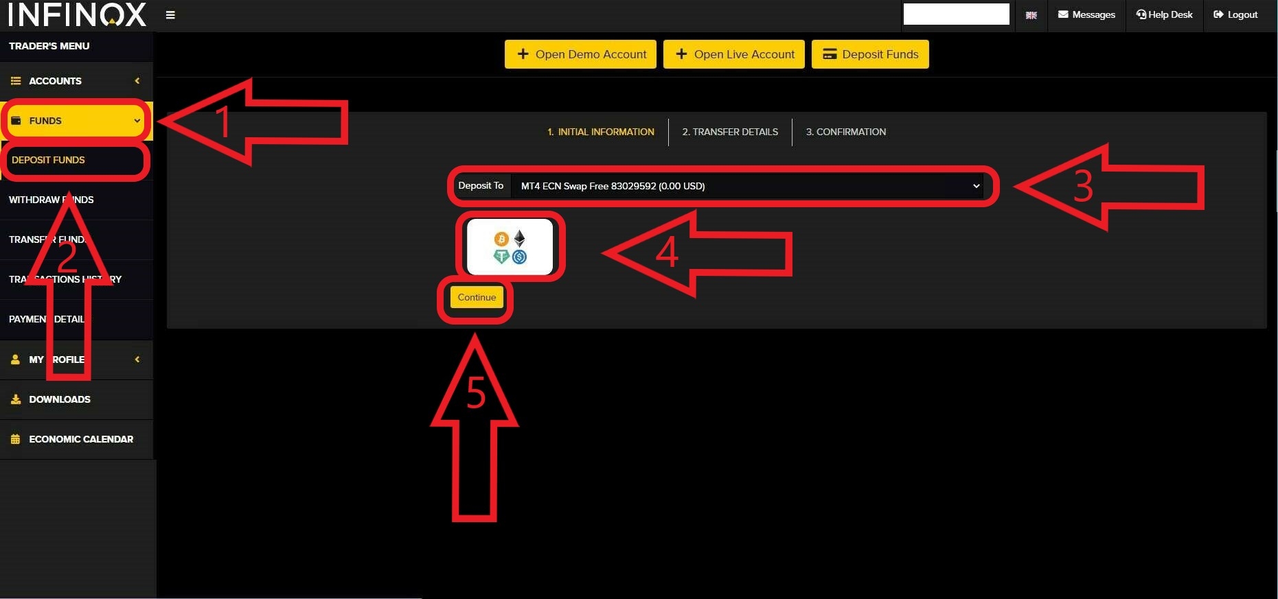 مرحله اول واریز در بروکر Infinox