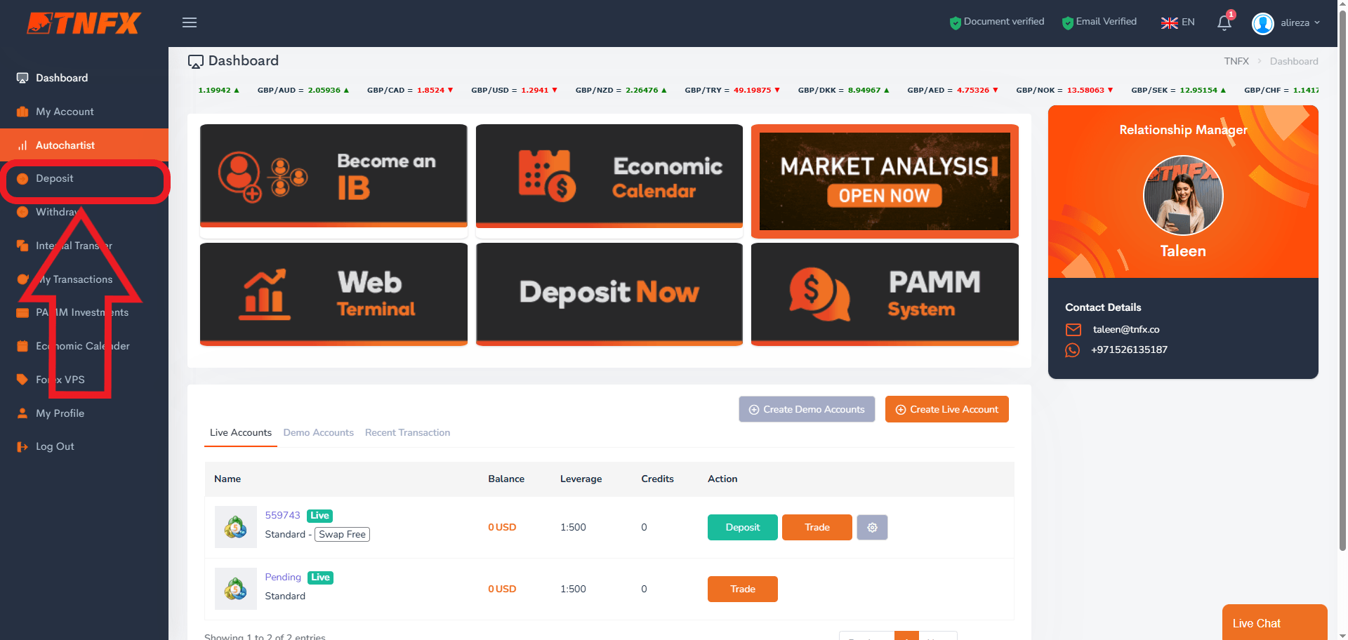 مرحله اول واریز در بروکر TNFX