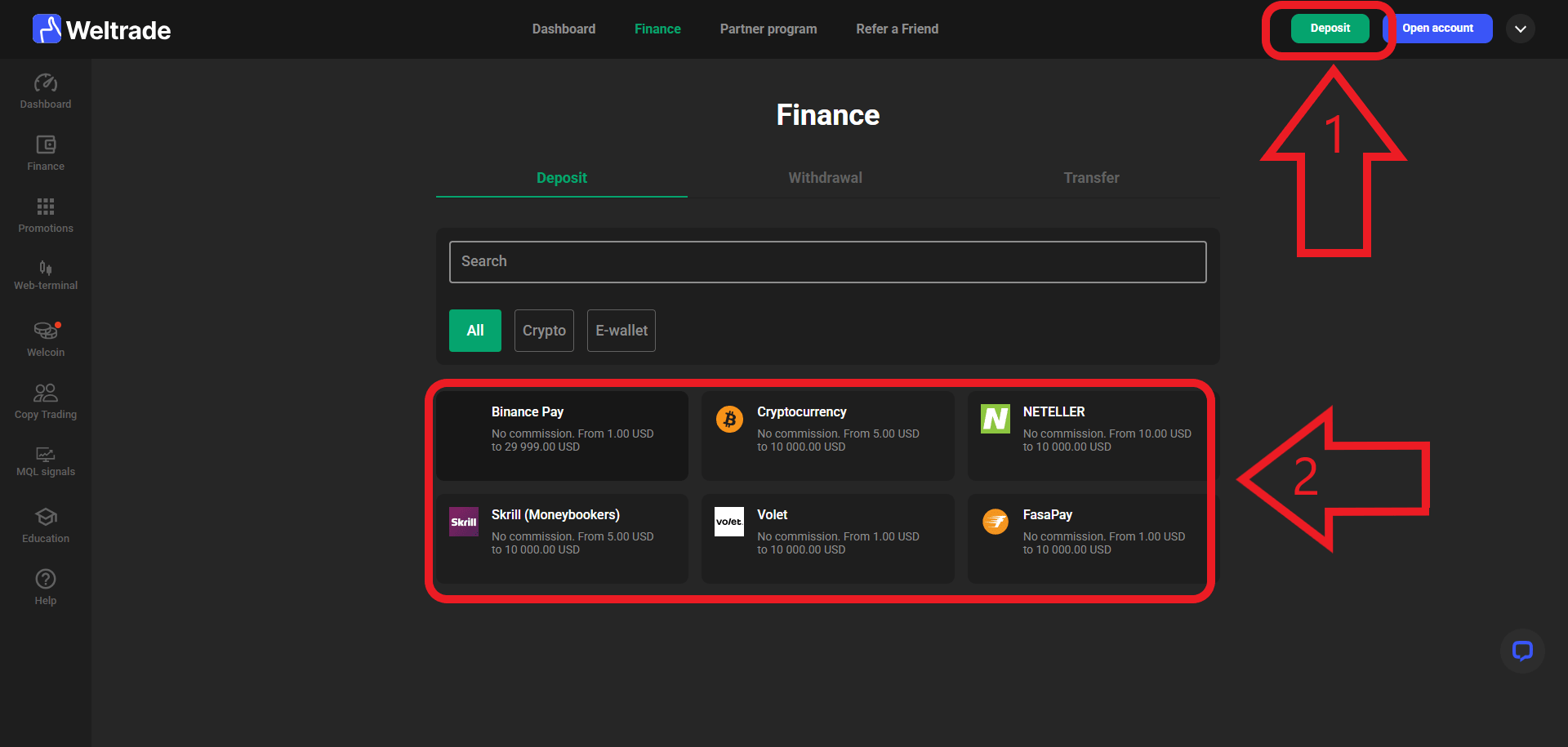 مرحله اول واریز در بروکر Weltrade