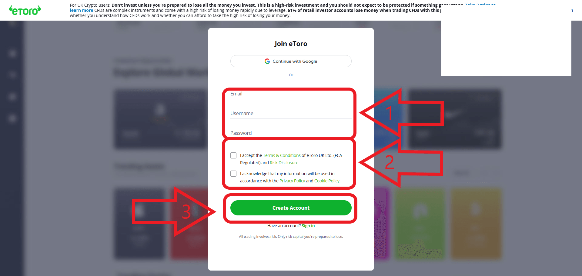 مرحله آخر ثبت نام در Etoro