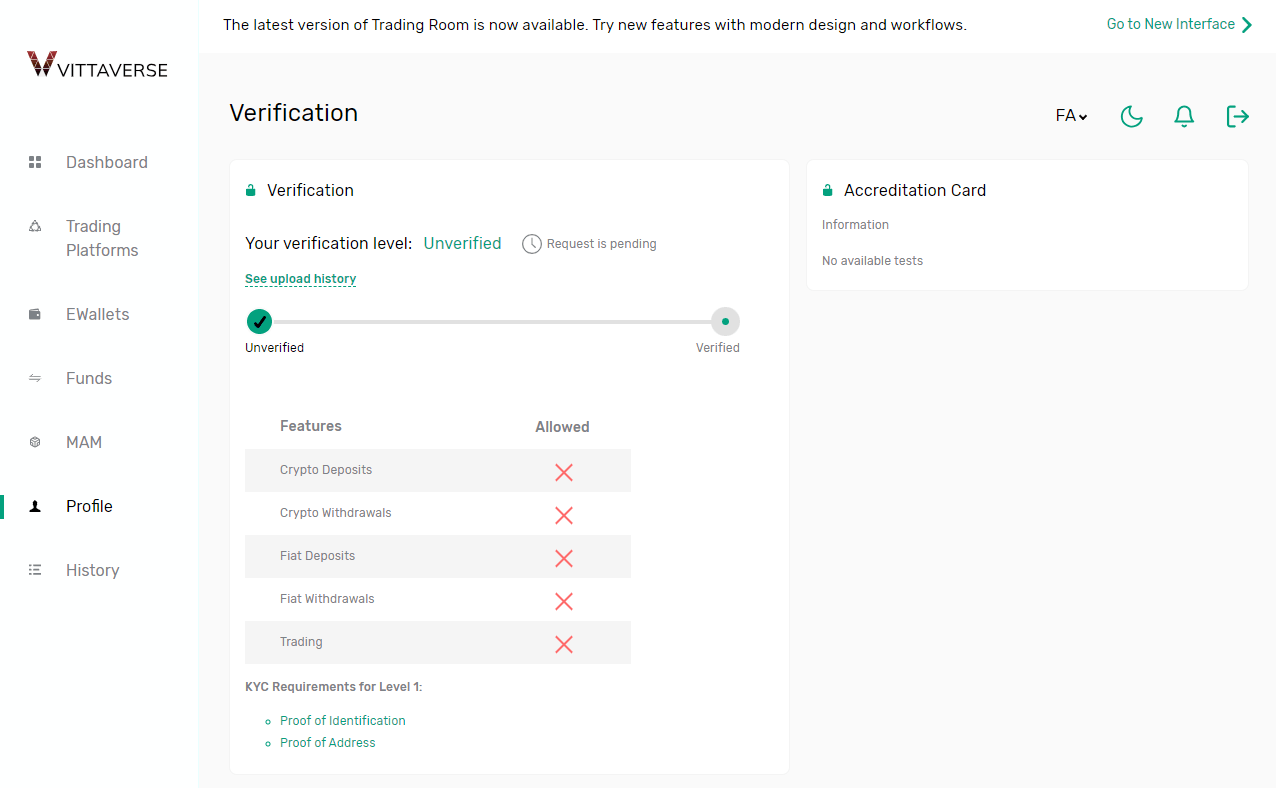 وضعیت پروفایل در بروکر ویتاورس
