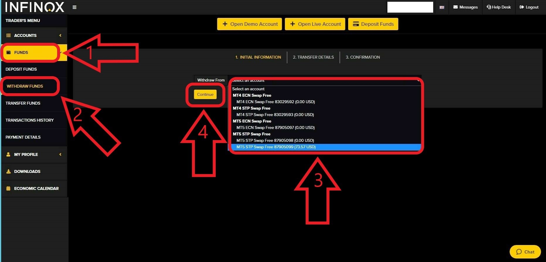 مرحله اول برداشت در بروکر Infinox