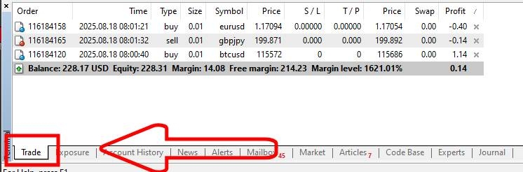 فعال کردن بخش سود / ضرر در متاتریدر