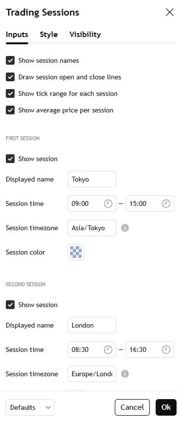 تنظیمات اندیکاتور سشن تریدینگ ویو
